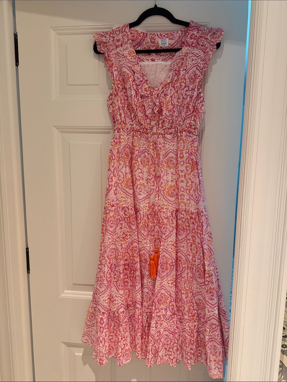 Pink & Orange Paisley Ruffle Midi Dress with Tassel Tie